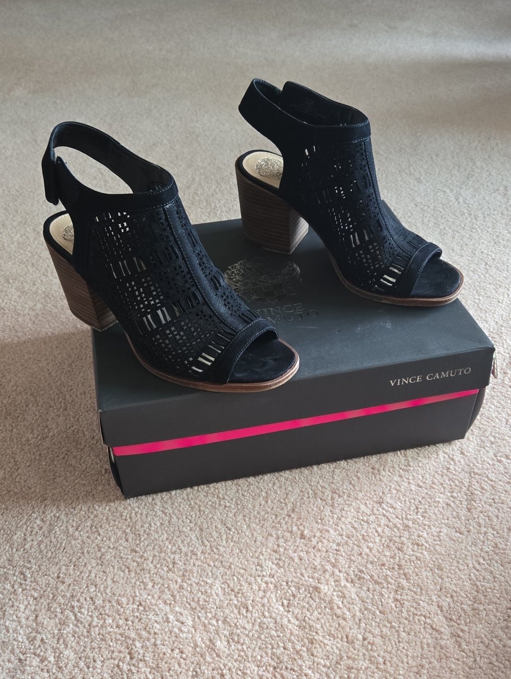Vince Camuto Black Laser-Cut Peep Toe Block Heels